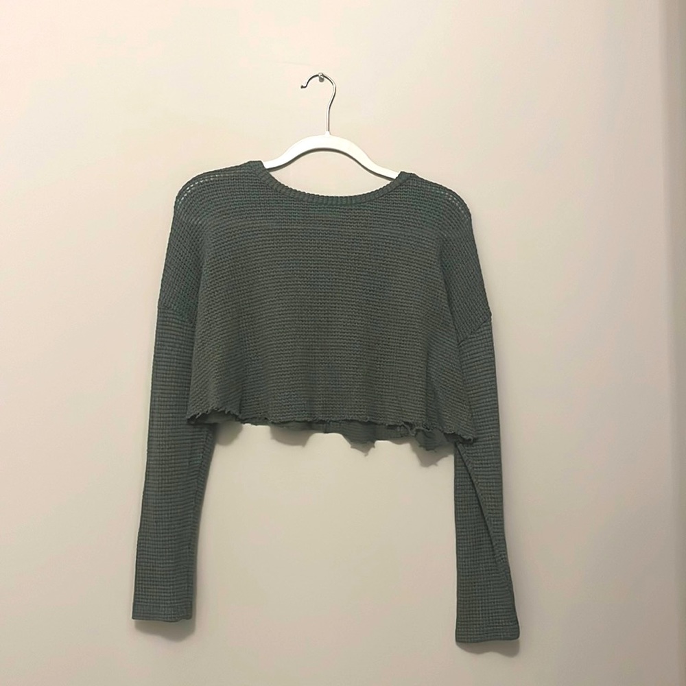Light Green Cropped Waffle Sweater